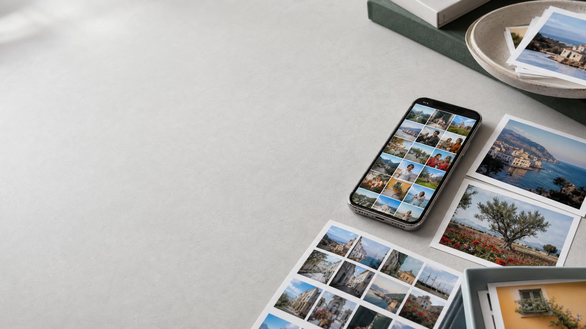 A phone and printed travel photos arranged on a light photo organization desk